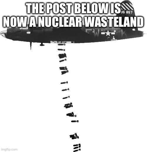 Bomber dropping bombs on post below | THE POST BELOW IS NOW A NUCLEAR WASTELAND | image tagged in bomber dropping bombs on post below | made w/ Imgflip meme maker