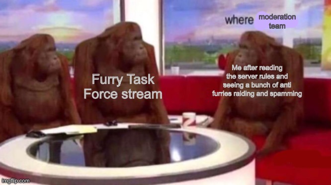 Where banana blank | moderation team; Furry Task Force stream; Me after reading the server rules and seeing a bunch of anti furries raiding and spamming | image tagged in where banana blank | made w/ Imgflip meme maker