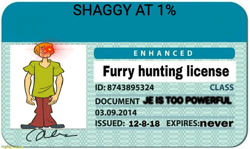 shaggy starts hunting furrys(for anti_furry_cult) | SHAGGY AT 1%; JE IS TOO POWERFUL | image tagged in furry hunting license,memes,shaggy,powerful,anti-furry,anti furry | made w/ Imgflip meme maker