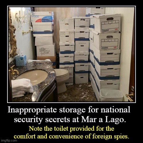 Inappropriate storage for national 
security secrets at Mar a Lago. | Note the toilet provided for the comfort and convenience of foreign sp | image tagged in funny,demotivationals,threat to our national secuirty,classified,secrets,hidden | made w/ Imgflip demotivational maker