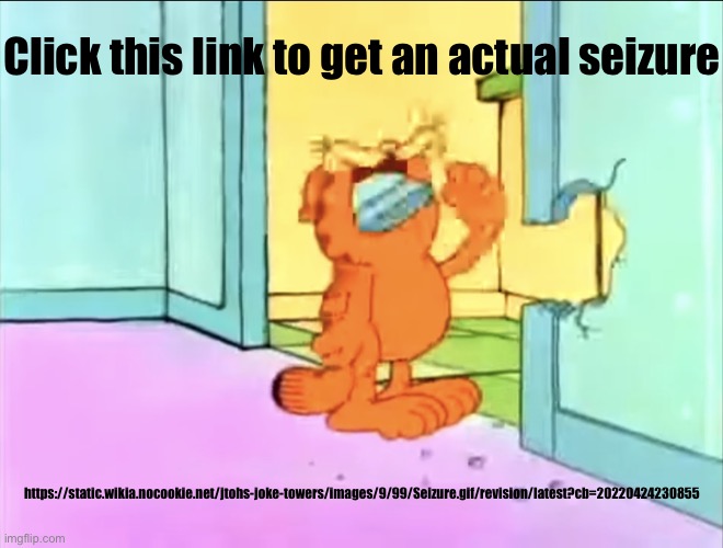 Final attempt | Click this link to get an actual seizure; https://static.wikia.nocookie.net/jtohs-joke-towers/images/9/99/Seizure.gif/revision/latest?cb=20220424230855 | image tagged in garfield drywall | made w/ Imgflip meme maker