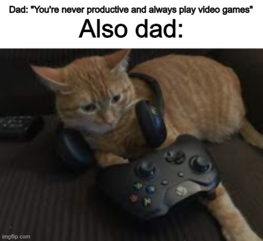 Fine, go play Call of Duty- or whatever gun game it is, for 5 hours straight :/ | Dad: "You're never productive and always play video games"; Also dad: | image tagged in gaming cat | made w/ Imgflip meme maker