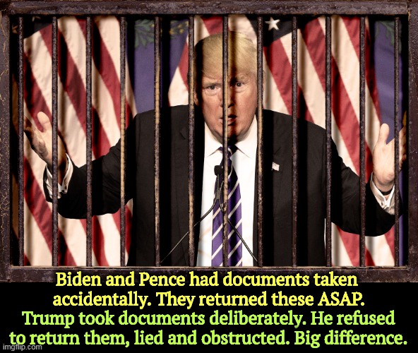 Dept. of FALSE EQUIVALENCY | Biden and Pence had documents taken 
accidentally. They returned these ASAP. Trump took documents deliberately. He refused to return them, lied and obstructed. Big difference. | image tagged in donald trump - prison jail,biden,pence,classified,secrets,obstruction of justice | made w/ Imgflip meme maker