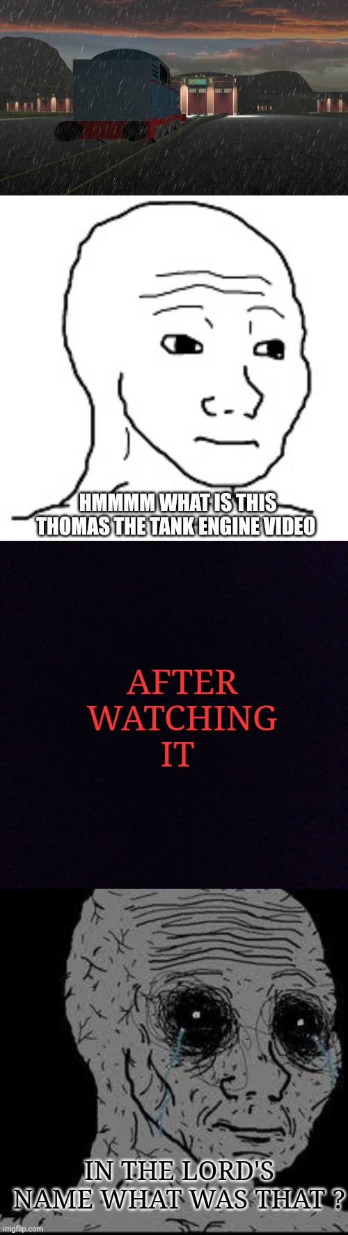 POV : you watched shed 17 for the first time | AFTER WATCHING IT; HMMMM WHAT IS THIS THOMAS THE TANK ENGINE VIDEO; IN THE LORD'S NAME WHAT WAS THAT ? | image tagged in black screen | made w/ Imgflip meme maker