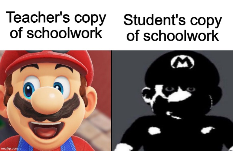 I suppose it's fine, since the students won't keep the copies of schoolwork for long :/ | Student's copy of schoolwork; Teacher's copy of schoolwork | made w/ Imgflip meme maker
