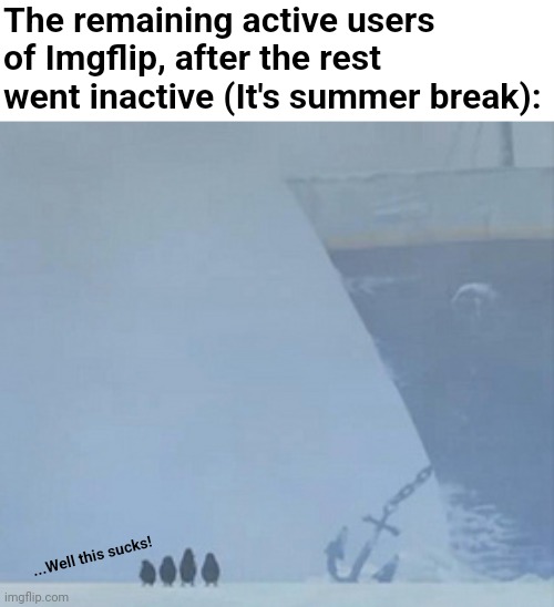 This meme is inspired by JustaCheemsDoge's. | The remaining active users of Imgflip, after the rest went inactive (It's summer break):; ...Well this sucks! | image tagged in well this sucks,now what,memes | made w/ Imgflip meme maker
