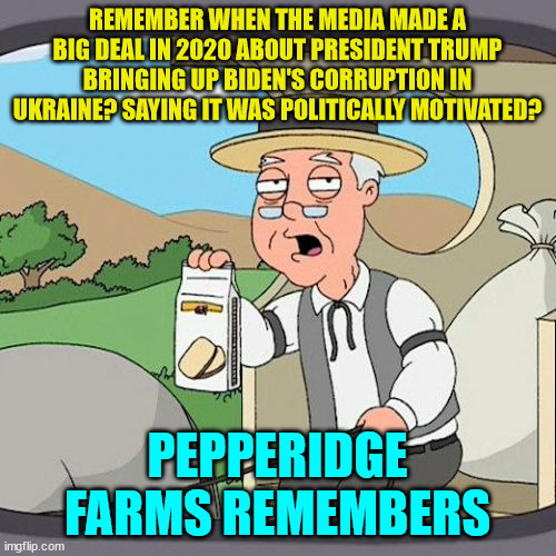 Pepperidge Farm Remembers Meme | REMEMBER WHEN THE MEDIA MADE A BIG DEAL IN 2020 ABOUT PRESIDENT TRUMP BRINGING UP BIDEN'S CORRUPTION IN UKRAINE? SAYING IT WAS POLITICALLY M | image tagged in memes,pepperidge farm remembers | made w/ Imgflip meme maker