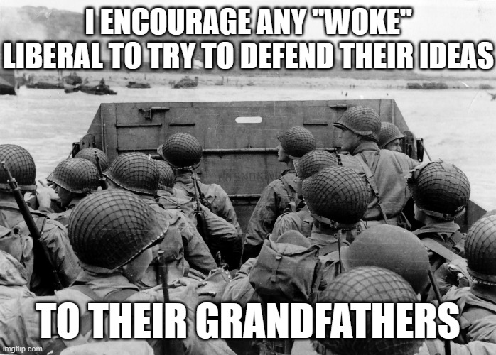 D Day | I ENCOURAGE ANY "WOKE" LIBERAL TO TRY TO DEFEND THEIR IDEAS; TO THEIR GRANDFATHERS | image tagged in d day | made w/ Imgflip meme maker