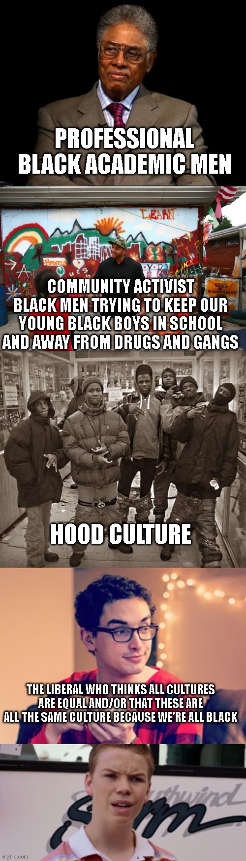 liberalism on imgflip | PROFESSIONAL BLACK ACADEMIC MEN; COMMUNITY ACTIVIST BLACK MEN TRYING TO KEEP OUR YOUNG BLACK BOYS IN SCHOOL AND AWAY FROM DRUGS AND GANGS; HOOD CULTURE; THE LIBERAL WHO THINKS ALL CULTURES ARE EQUAL AND/OR THAT THESE ARE ALL THE SAME CULTURE BECAUSE WE'RE ALL BLACK | image tagged in thomas sowell,all my homies hate,millennial,you guys are getting paid | made w/ Imgflip meme maker