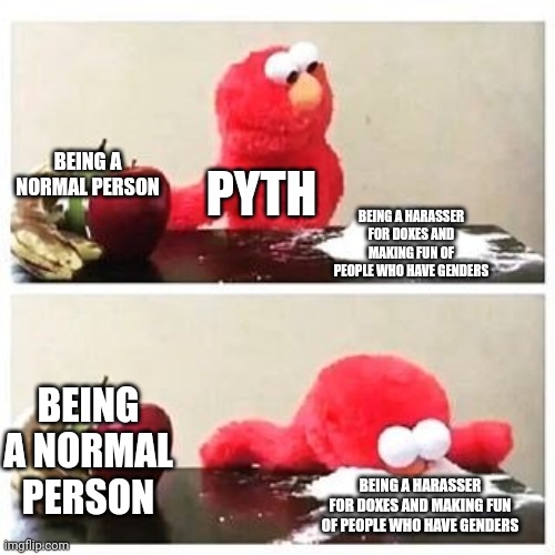 elmo cocaine | BEING A NORMAL PERSON; PYTH; BEING A HARASSER FOR DOXES AND MAKING FUN OF PEOPLE WHO HAVE GENDERS; BEING A NORMAL PERSON; BEING A HARASSER FOR DOXES AND MAKING FUN OF PEOPLE WHO HAVE GENDERS | image tagged in elmo cocaine | made w/ Imgflip meme maker