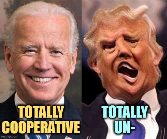 Biden law-abiding, Trump law-breaking. | TOTALLY COOPERATIVE; TOTALLY
UN- | image tagged in biden solid stable trump acid drugs,biden,law,trump,crime | made w/ Imgflip meme maker