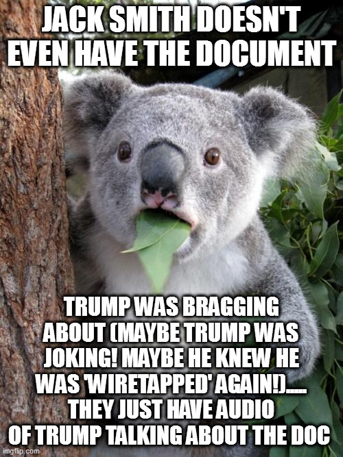 Surprised Koala | JACK SMITH DOESN'T EVEN HAVE THE DOCUMENT; TRUMP WAS BRAGGING ABOUT (MAYBE TRUMP WAS JOKING! MAYBE HE KNEW HE WAS 'WIRETAPPED' AGAIN!)..... THEY JUST HAVE AUDIO OF TRUMP TALKING ABOUT THE DOC | image tagged in memes,surprised koala | made w/ Imgflip meme maker