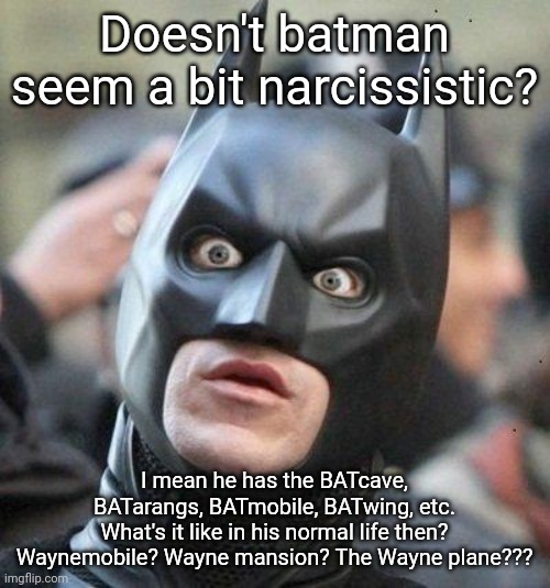 I thought of this when I went to bed last night | Doesn't batman seem a bit narcissistic? I mean he has the BATcave, BATarangs, BATmobile, BATwing, etc.
What's it like in his normal life then? Waynemobile? Wayne mansion? The Wayne plane??? | image tagged in shocked batman | made w/ Imgflip meme maker