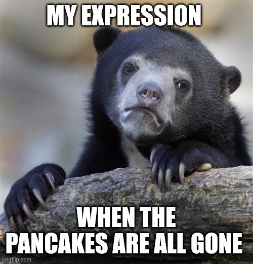 No more pancakes :( | MY EXPRESSION; WHEN THE PANCAKES ARE ALL GONE | image tagged in memes,confession bear | made w/ Imgflip meme maker