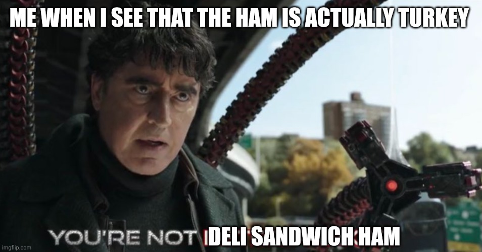 Not deli sandwich ham | ME WHEN I SEE THAT THE HAM IS ACTUALLY TURKEY; DELI SANDWICH HAM | image tagged in you're not peter parker | made w/ Imgflip meme maker