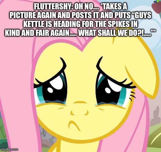 In Kind and Fair Again…… | FLUTTERSHY: OH NO…. *TAKES A PICTURE AGAIN AND POSTS IT AND PUTS “GUYS KETTLE IS HEADING FOR THE SPIKES IN KIND AND FAIR AGAIN….. WHAT SHALL WE DO?!…..”* | image tagged in sad fluttershy | made w/ Imgflip meme maker