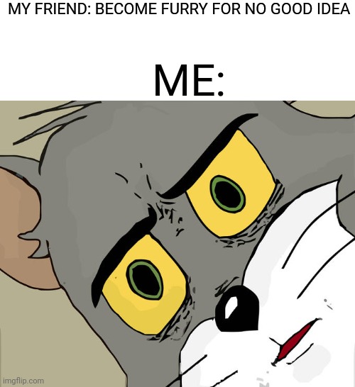 ANTI FUR BAG MEME | MY FRIEND: BECOME FURRY FOR NO GOOD IDEA; ME: | image tagged in memes,unsettled tom,anti furry | made w/ Imgflip meme maker