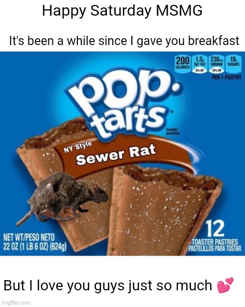 Meme #1,837 | Happy Saturday MSMG; It's been a while since I gave you breakfast; But I love you guys just so much 💕 | image tagged in pop tarts,rats,good morning,msmg,breakfast,memes | made w/ Imgflip meme maker