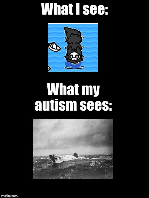 Silly little puro becoming a submarine lol | What I see:; What my autism sees: | image tagged in double long black template | made w/ Imgflip meme maker