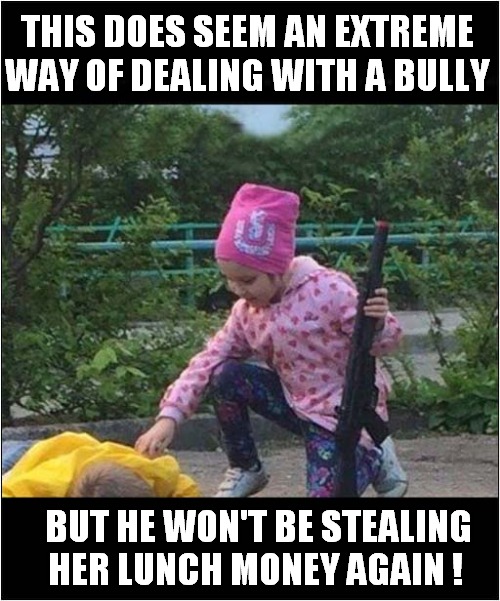 Proof That Guns Can Solve All Problems ! | THIS DOES SEEM AN EXTREME WAY OF DEALING WITH A BULLY; BUT HE WON'T BE STEALING HER LUNCH MONEY AGAIN ! | image tagged in school shooting,bully,problem solved,dark humour | made w/ Imgflip meme maker