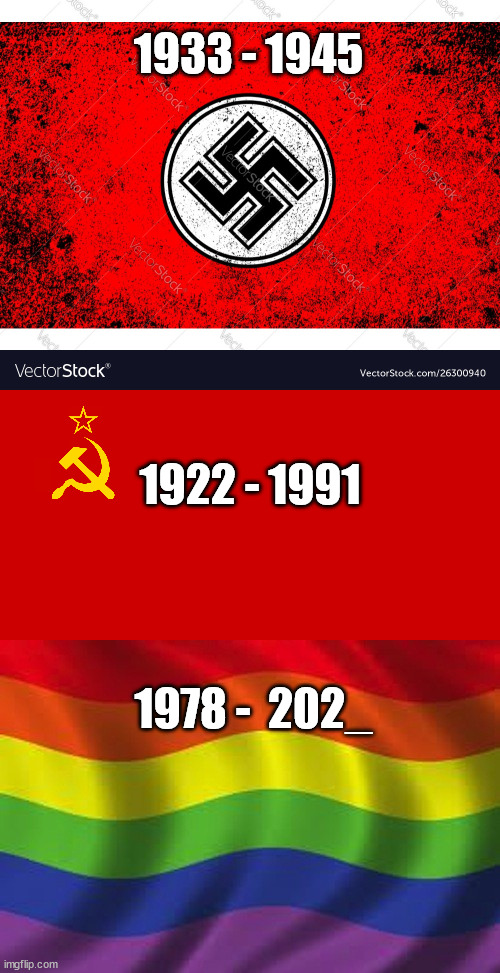 LBGTQXYZ+2x7=4 Flag | 1933 - 1945; 1922 - 1991; 1978 -  202_ | image tagged in lbgtq flag,nazi flag,communist flag,rainbow flag,gay pride flag | made w/ Imgflip meme maker