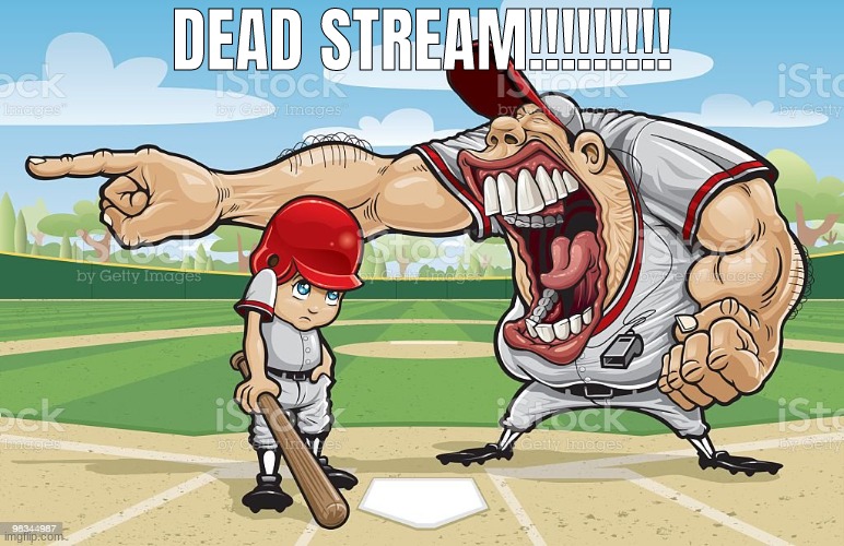 RAHHHHHHH!! | DEAD STREAM!!!!!!!!! | image tagged in baseball coach yelling at kid | made w/ Imgflip meme maker