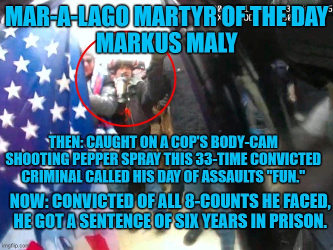 The Tangerine Tyrant has one more on his "Pardon List." | MAR-A-LAGO MARTYR OF THE DAY
MARKUS MALY; THEN: CAUGHT ON A COP'S BODY-CAM SHOOTING PEPPER SPRAY THIS 33-TIME CONVICTED CRIMINAL CALLED HIS DAY OF ASSAULTS "FUN."; NOW: CONVICTED OF ALL 8-COUNTS HE FACED, HE GOT A SENTENCE OF SIX YEARS IN PRISON. | image tagged in politics | made w/ Imgflip meme maker