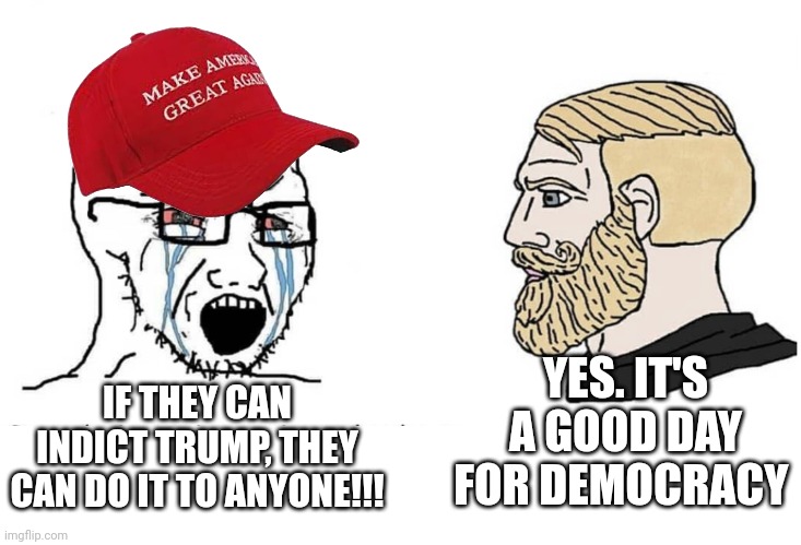 Soyboy Vs Yes Chad | YES. IT'S A GOOD DAY FOR DEMOCRACY; IF THEY CAN INDICT TRUMP, THEY CAN DO IT TO ANYONE!!! | image tagged in soyboy vs yes chad | made w/ Imgflip meme maker