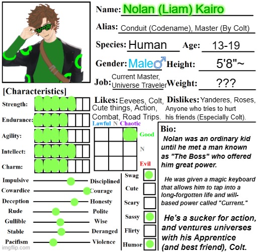 Nolan Character Sheet | Nolan (Liam) Kairo; Conduit (Codename), Master (By Colt); Human; 13-19; 5'8"~; Male; Current Master,
Universe Traveler; ??? Yanderes, Roses, Eevees, Colt, Cute things, Action,
Combat, Road Trips. Anyone who tries to hurt his friends (Especially Colt). He was given a magic keyboard

that allows him to tap into a
long-forgotten life and will- 

based power called "Current."; Nolan was an ordinary kid

until he met a man known
as "The Boss" who offered
him great power. He's a sucker for action,
and ventures universes
with his Apprentice (and best friend), Colt. | image tagged in character chart by liamsworlds,nolan,chart | made w/ Imgflip meme maker