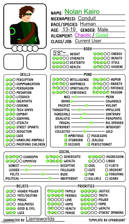 Character sheet by Cparrisart | Nolan Kairo Conduit Human 13-19 Male Chaotic / Good Current User 5'8"~ Liamsworlds | image tagged in character sheet by cparrisart | made w/ Imgflip meme maker