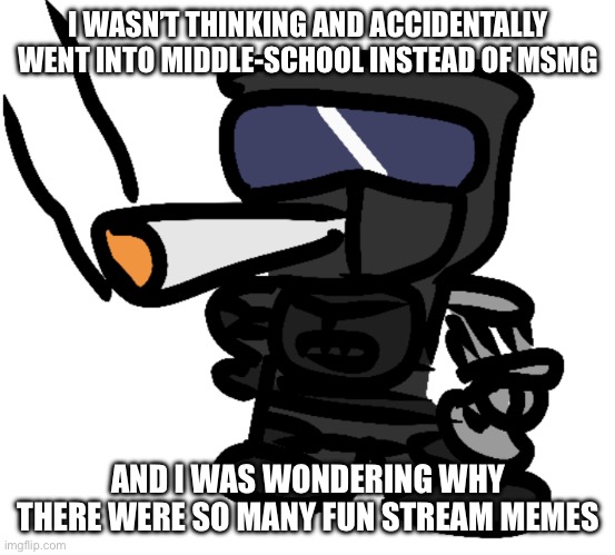 ☠️ | I WASN’T THINKING AND ACCIDENTALLY WENT INTO MIDDLE-SCHOOL INSTEAD OF MSMG; AND I WAS WONDERING WHY THERE WERE SO MANY FUN STREAM MEMES | image tagged in phantom smokes a fat one | made w/ Imgflip meme maker