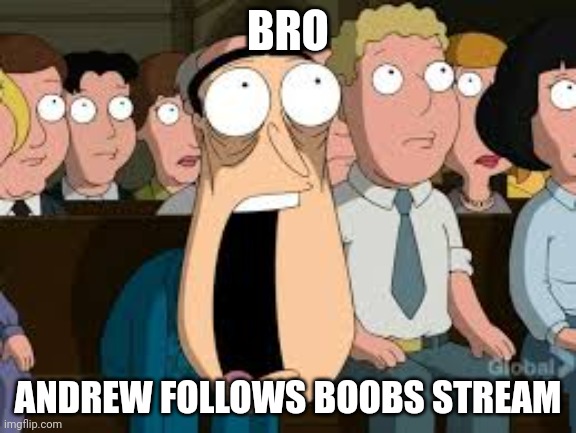 Shocked Quagmire | BRO; ANDREW FOLLOWS BOOBS STREAM | image tagged in shocked quagmire | made w/ Imgflip meme maker