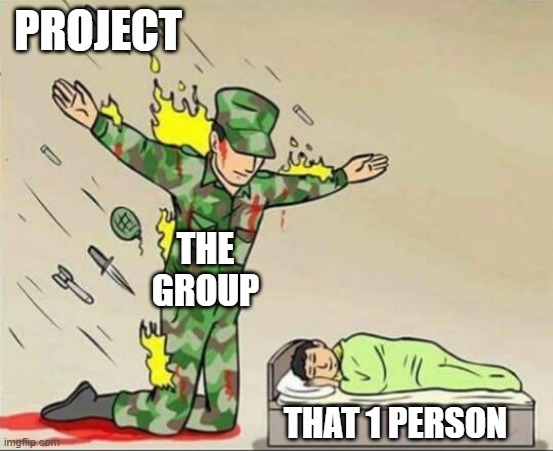 always happen | PROJECT; THE GROUP; THAT 1 PERSON | image tagged in soldier protecting sleeping child | made w/ Imgflip meme maker