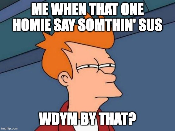 we all have this one friend | ME WHEN THAT ONE HOMIE SAY SOMTHIN' SUS; WDYM BY THAT? | image tagged in memes,futurama fry | made w/ Imgflip meme maker