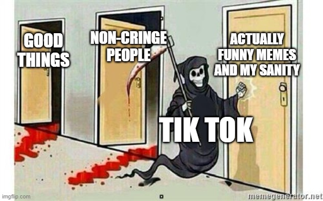 Tiktok is destroying these things one by one... my sanity is next due to it taking over youtube's memes | ACTUALLY FUNNY MEMES AND MY SANITY; NON-CRINGE PEOPLE; GOOD THINGS; TIK TOK | image tagged in grim reaper knocking door,memes,funny,gifs,not really a gif,come on usa government just ban this app already | made w/ Imgflip meme maker