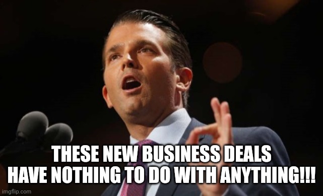 Donald Trump Jr. | THESE NEW BUSINESS DEALS HAVE NOTHING TO DO WITH ANYTHING!!! | image tagged in donald trump jr | made w/ Imgflip meme maker