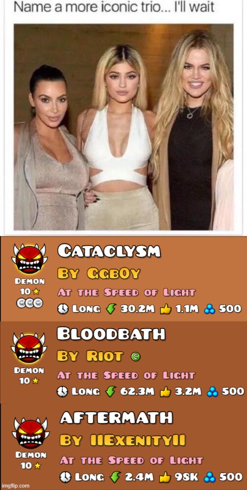 Cataclysm, Bloodbath, & Aftermath are the Perfect Video Game Trio! | image tagged in name a more iconic trio,geometry dash,memes,funny | made w/ Imgflip meme maker