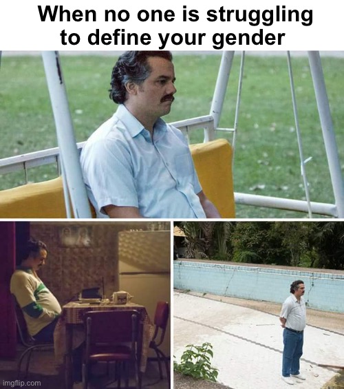 How does they know | When no one is struggling to define your gender | image tagged in memes,sad pablo escobar,politics lol | made w/ Imgflip meme maker