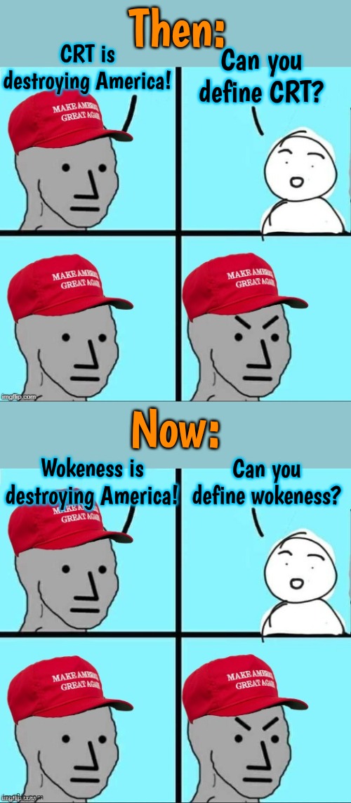 Same song, different verse. | Then:; CRT is destroying America! Can you define CRT? Now:; Can you define wokeness? Wokeness is destroying America! | image tagged in maga npc an an0nym0us template,what are you talking about,they dont know,is this a pigeon | made w/ Imgflip meme maker