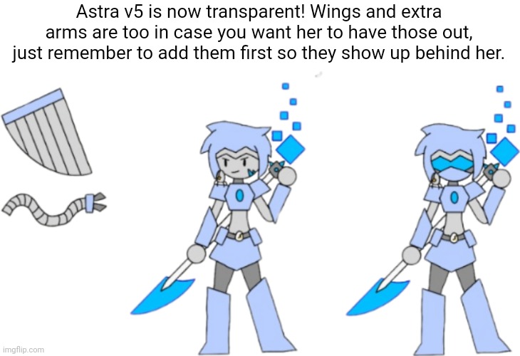 Just search "Astra" in the add image section | Astra v5 is now transparent! Wings and extra arms are too in case you want her to have those out, just remember to add them first so they show up behind her. | image tagged in astra v5 transparent | made w/ Imgflip meme maker