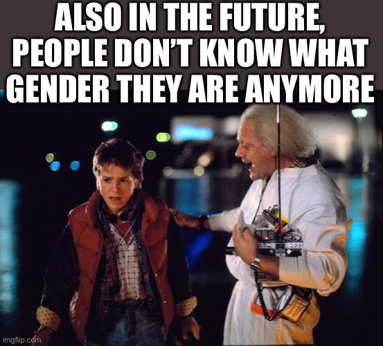 Are you telling me... | ALSO IN THE FUTURE, PEOPLE DON’T KNOW WHAT GENDER THEY ARE ANYMORE | image tagged in marty mcfly and doc brown | made w/ Imgflip meme maker