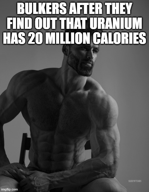 Giga Chad | BULKERS AFTER THEY FIND OUT THAT URANIUM HAS 20 MILLION CALORIES | image tagged in giga chad | made w/ Imgflip meme maker