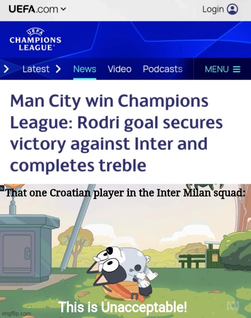 Manchester City finally broke the curse of having a Croatian player as a key in winning a UCL title all thanks to Rodri | That one Croatian player in the Inter Milan squad:; This is Unacceptable! | image tagged in this is unacceptable,memes,champions league,manchester city,soccer | made w/ Imgflip meme maker