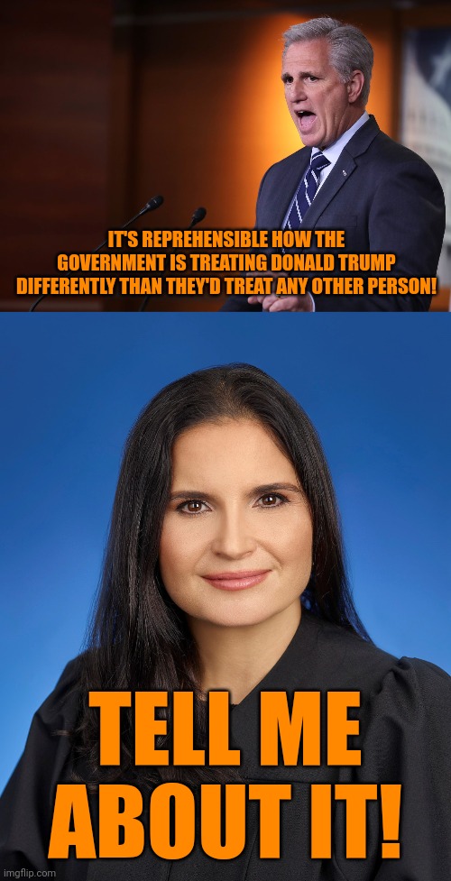 If it weren't for double standards... | IT'S REPREHENSIBLE HOW THE GOVERNMENT IS TREATING DONALD TRUMP DIFFERENTLY THAN THEY'D TREAT ANY OTHER PERSON! TELL ME ABOUT IT! | image tagged in kevin mccarthy - professional liar anti-american,aileen cannon maga trump judge,donald trump privilege,obstruction of justice | made w/ Imgflip meme maker