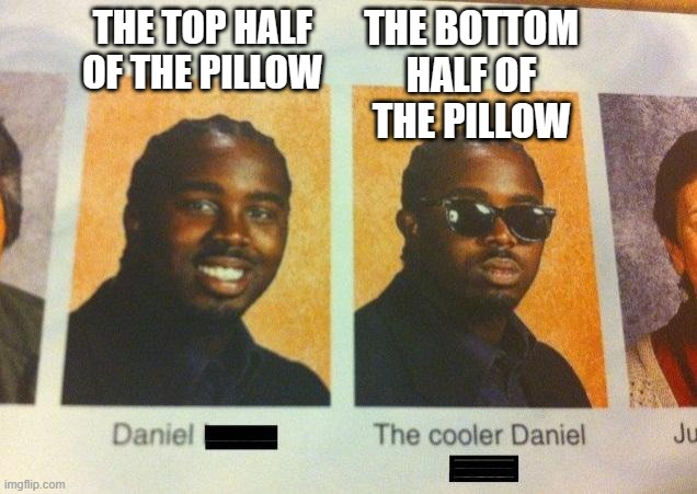 The best part of the pillow | THE TOP HALF OF THE PILLOW; THE BOTTOM HALF OF THE PILLOW | image tagged in the cooler daniel,pillow | made w/ Imgflip meme maker
