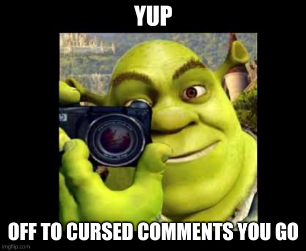 Shrek Taking A Photo Meme | YUP OFF TO CURSED COMMENTS YOU GO | image tagged in shrek taking a photo meme | made w/ Imgflip meme maker