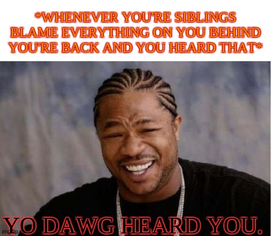 Heard them. | *WHENEVER YOU'RE SIBLINGS BLAME EVERYTHING ON YOU BEHIND YOU'RE BACK AND YOU HEARD THAT*; YO DAWG HEARD YOU. | image tagged in memes,yo dawg heard you | made w/ Imgflip meme maker