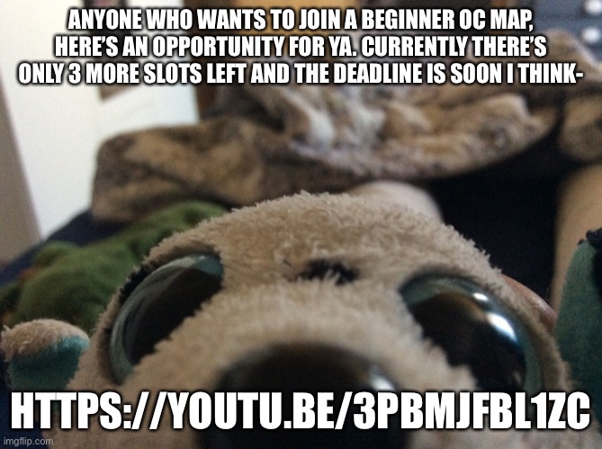 https://youtu.be/3pBmjFBl1zc | ANYONE WHO WANTS TO JOIN A BEGINNER OC MAP, HERE’S AN OPPORTUNITY FOR YA. CURRENTLY THERE’S ONLY 3 MORE SLOTS LEFT AND THE DEADLINE IS SOON I THINK-; HTTPS://YOUTU.BE/3PBMJFBL1ZC | image tagged in plez,join,for,april | made w/ Imgflip meme maker