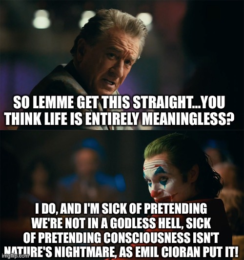 I'm tired of pretending it's not | SO LEMME GET THIS STRAIGHT...YOU THINK LIFE IS ENTIRELY MEANINGLESS? I DO, AND I'M SICK OF PRETENDING WE'RE NOT IN A GODLESS HELL, SICK OF PRETENDING CONSCIOUSNESS ISN'T NATURE'S NIGHTMARE, AS EMIL CIORAN PUT IT! | image tagged in i'm tired of pretending it's not | made w/ Imgflip meme maker