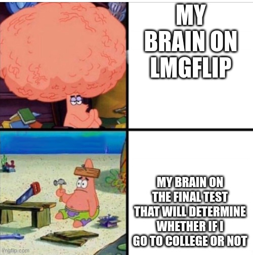 smart and dumb patrick | MY BRAIN ON LMGFLIP; MY BRAIN ON THE FINAL TEST THAT WILL DETERMINE WHETHER IF I GO TO COLLEGE OR NOT | image tagged in smart and dumb patrick | made w/ Imgflip meme maker